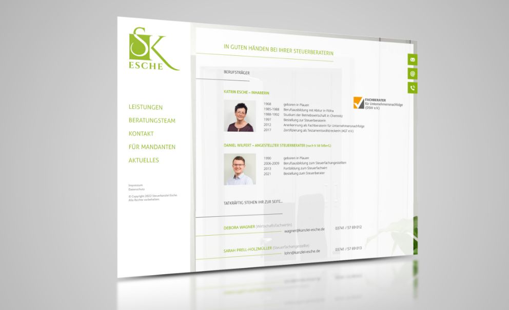 Darstellung des Abschnitts Beratungsteam auf der Steuerkanzlei-Esche-Webseite