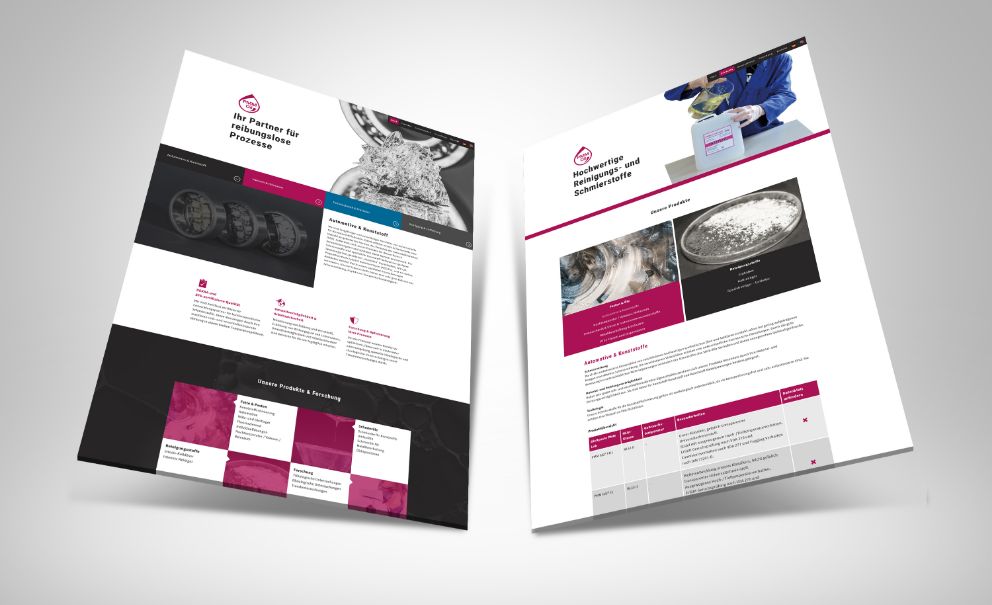 Zwei Abbildungen der PMM-Oil-Webseite - links: Startseite, rechts: Produkte-Seite