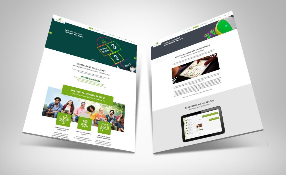 Zwei Abbildungen der DigitalPakt-Kita-Webseite - links: Startseite, rechts: diki-App-Seite