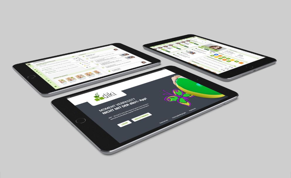 Drei Tablets, auf denen jeweils eine Ansicht in der diki-App dargestellt wird