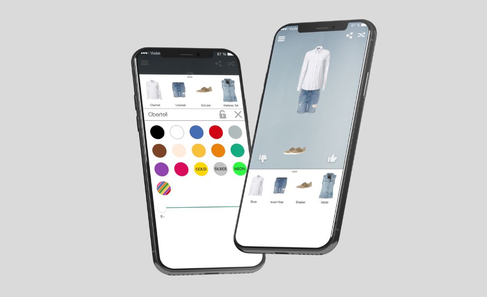Zwei Abbildungen der modiami App auf jeweils einem Smartphone - links: Outfit-Konfigurator, rechts: Outfit-Übersicht