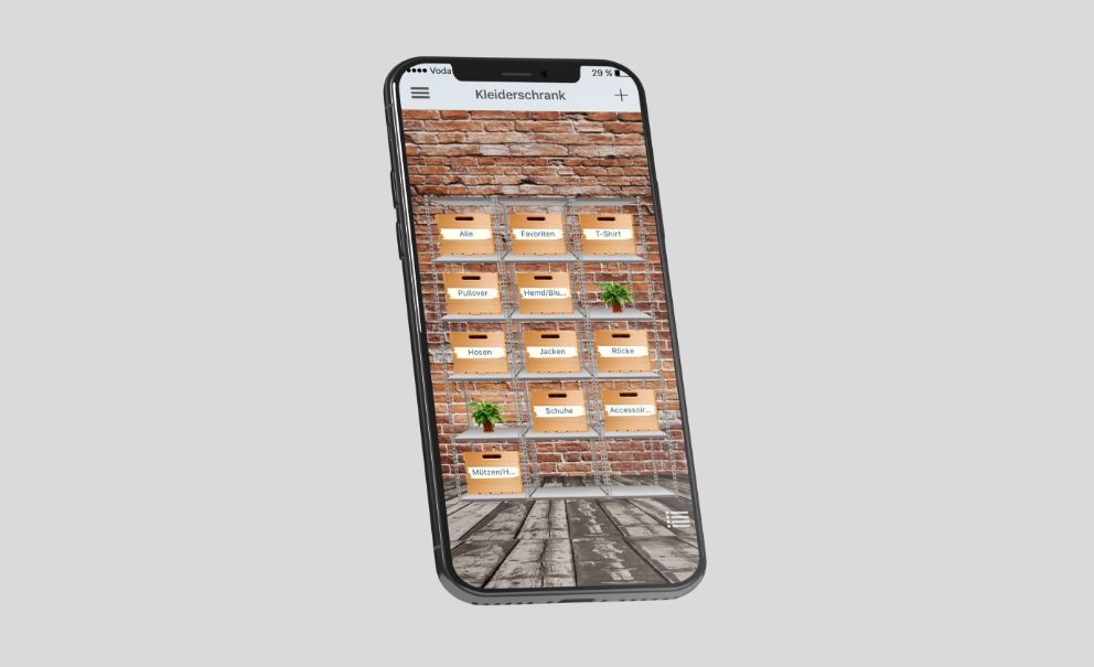 Darstellung der Kleiderschrank-Übersicht in der modiami App auf einem Smartphone