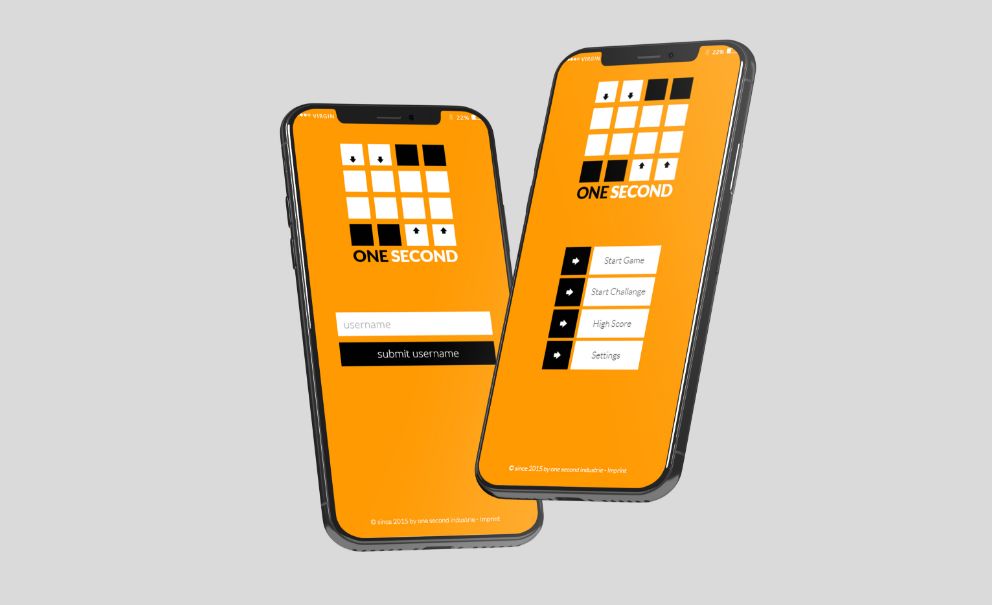 Zwei Abbildungen der One Second App auf jeweils einem Smartphone - links: Login, rechts: Startmenü