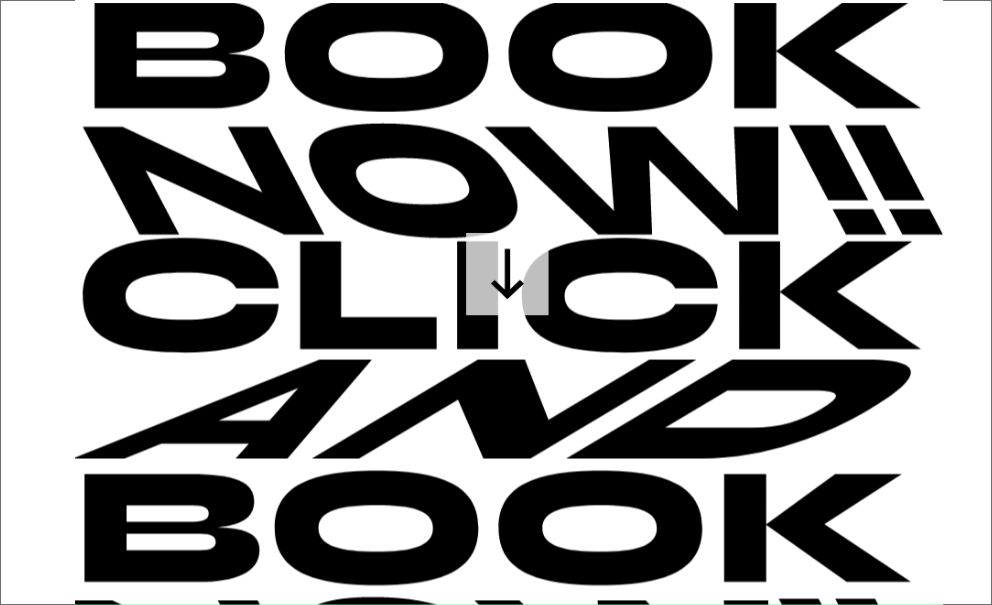 Studio-6x7-Schriftzug "Click and book now!!" mit interaktivem Pfeil im Zentrum