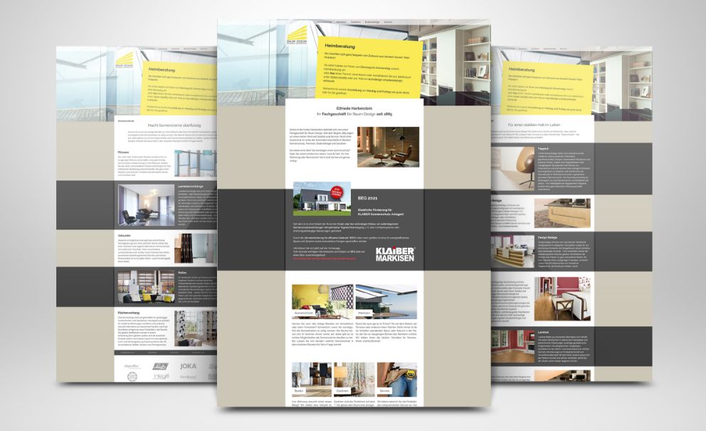 Drei Abbildungen der Raumdesign-Elfriede-Hartenstein-Webseite - von links nach rechts: Sonnenschutz-Seite, Startseite und Bodenbeläge-Seite