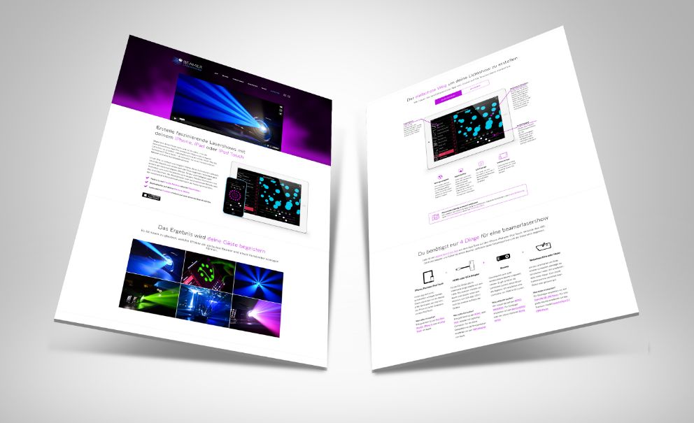 Zwei Abbildungen der beamerlasershow-Startseite - links: Header, App- und Bilder-Section; rechts: Funktionen- und Hardware-Section