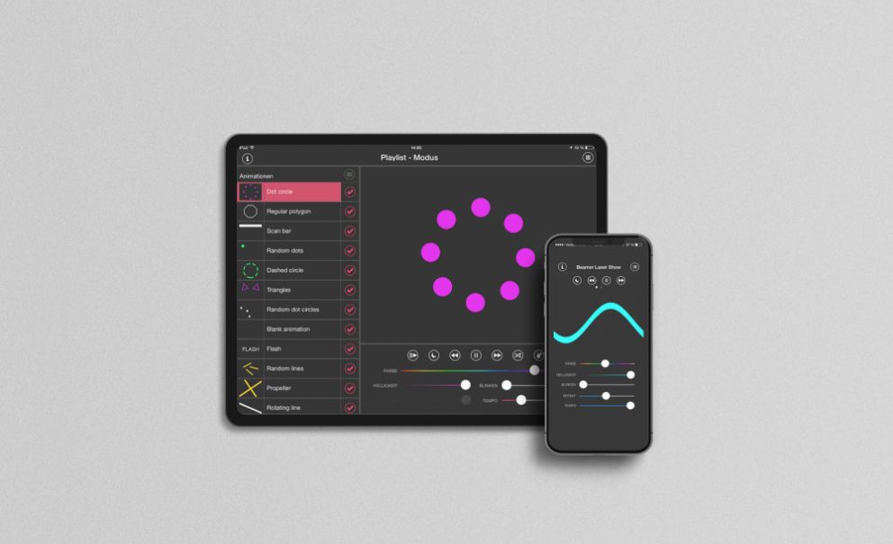 Darstellung der beamerlasershow App auf einem Tablet und einem Smartphone